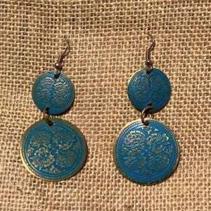 Blue and gold pattern dangly earrings